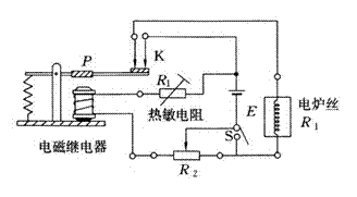 工作原理:闭合s当温度低于设计值时热敏电阻阻值大,通过电磁继电器